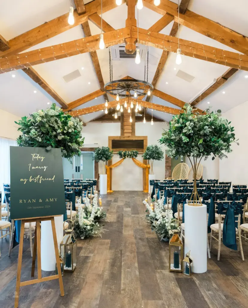Teal and white barn ceremony styling at Bennetts Willow Barn