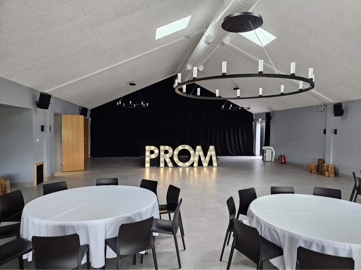Light-up PROM letters hire at a Worcestershire prom venue with round dining tables