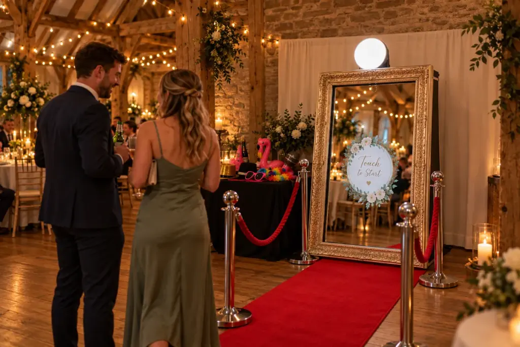 Magic mirror photo booth at a barn wedding venue