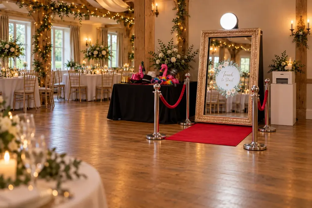 Magic mirror photo booth set up in a wedding reception room