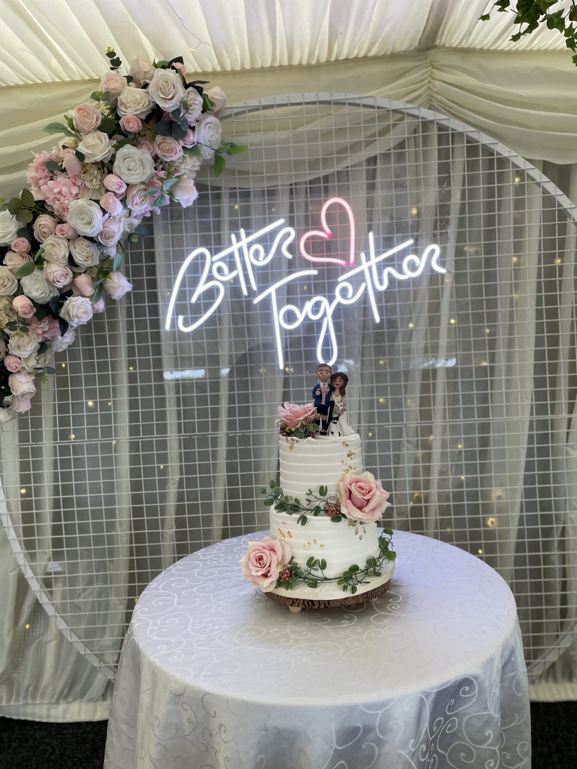 Wedding Cake Table and Neon Backdrop