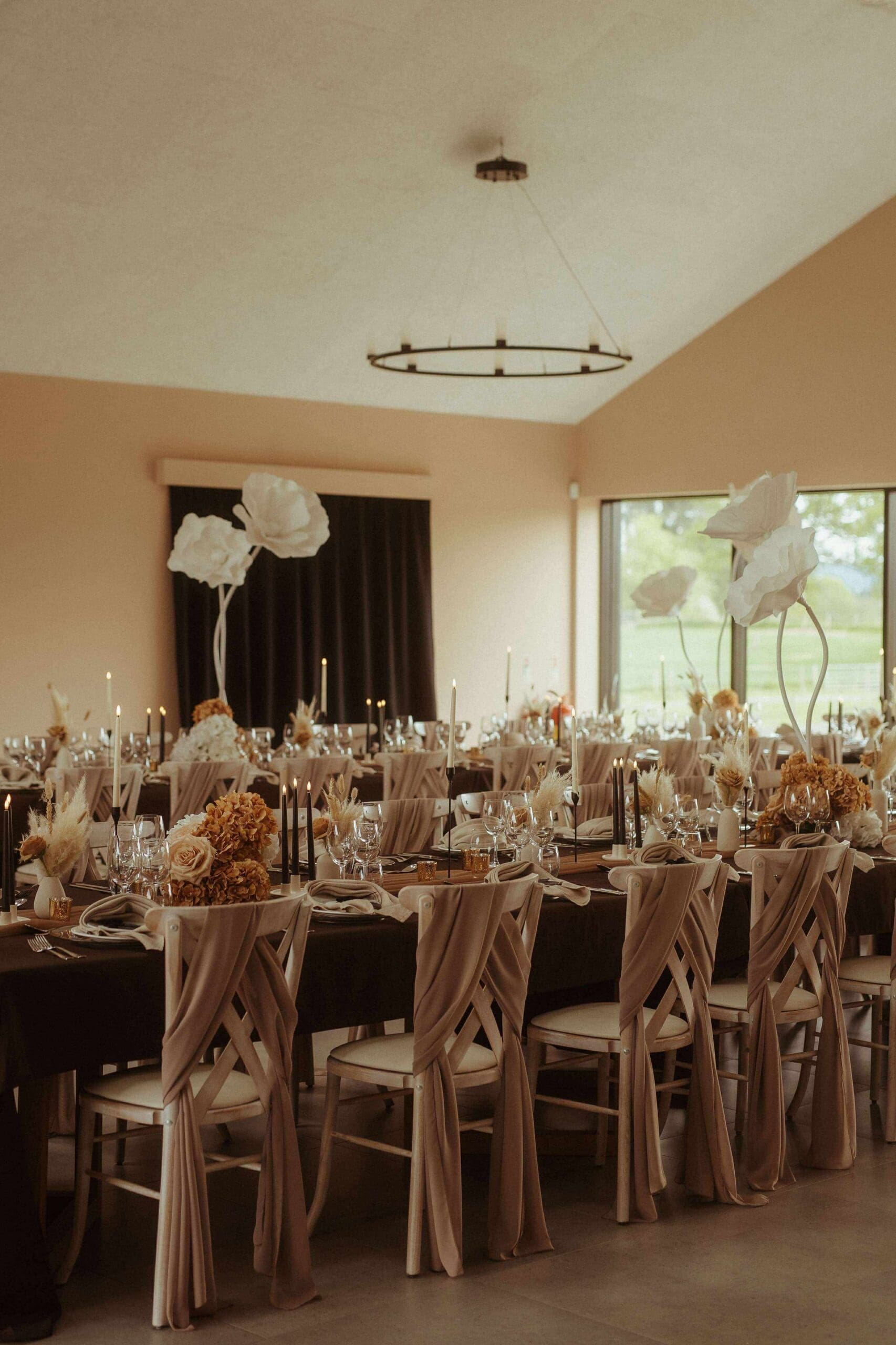 mocha chair drapes giant flowers